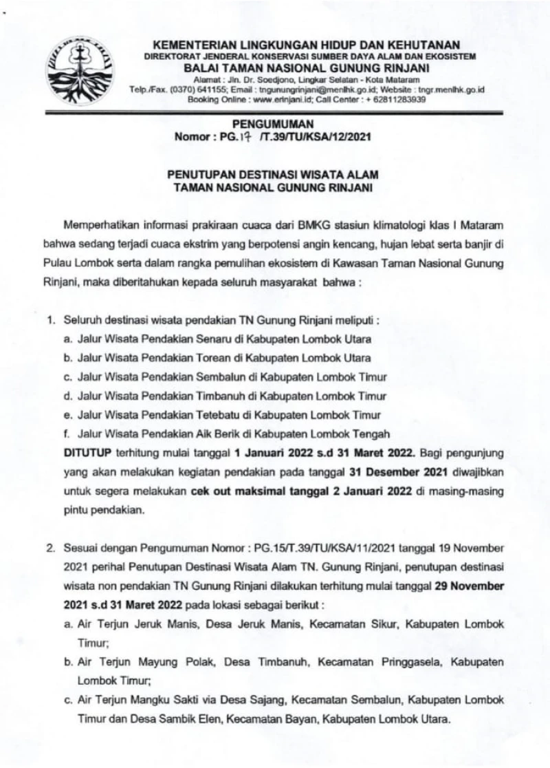 Heavy rain in lombok, Rinjani mountain temporarily closed